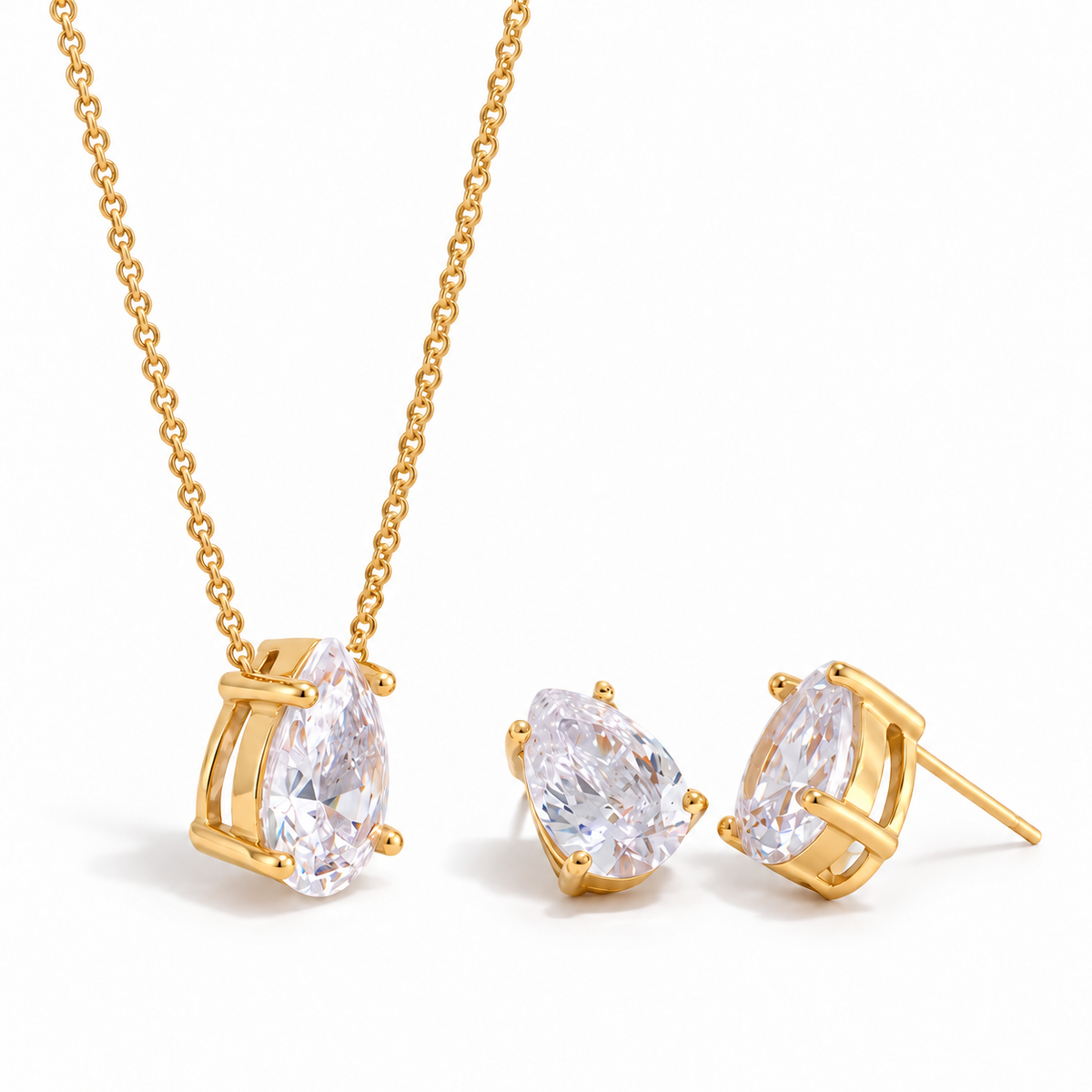 Livia Drop Set – Schmuckset aus Edelstahl, vergoldet, Kette und Ohrstecker mit Zirkonia-Tropfen