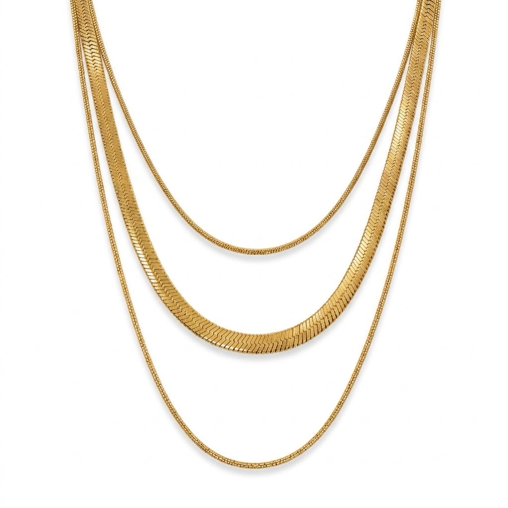 Nerina Layer Snake Kette – dreilagige Kette aus Edelstahl, vergoldet, mit breiter Schlangenkette
