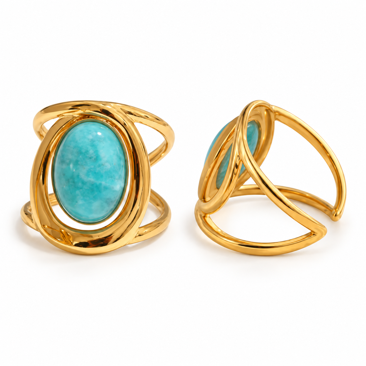 Avela Ocean Ring – verstellbarer Ring aus Edelstahl, vergoldet, ovaler türkisblauer Naturstein