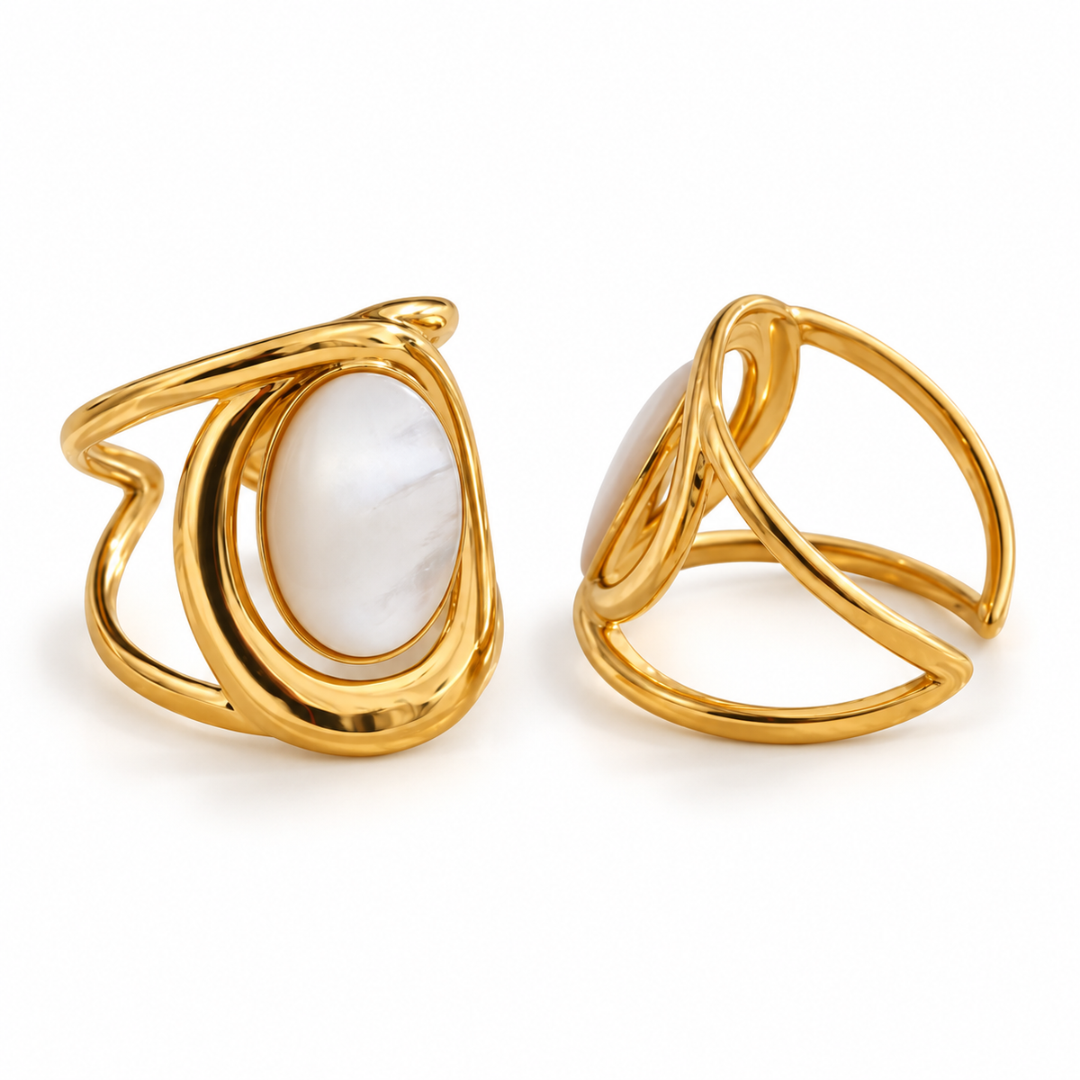 Avela Shell Ring – verstellbarer Ring aus Edelstahl, vergoldet, ovale Muschel-Einlage