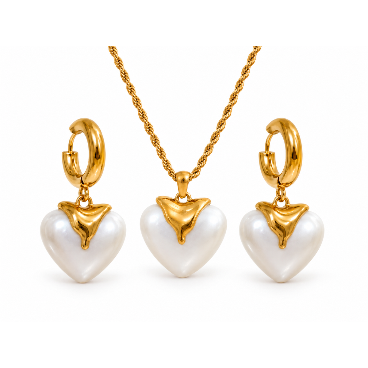 Avelia Pearl Set – Schmuckset aus Edelstahl, vergoldet, Herzkette und Creolen in Perlenoptik