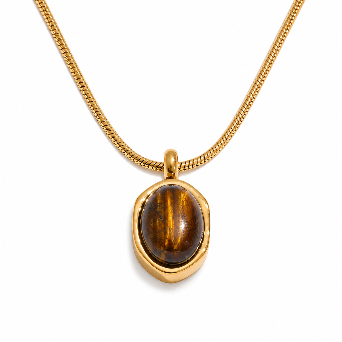 Duna Tigerauge Kette – Kette mit Anhänger aus Edelstahl, vergoldet, ovales Tigerauge