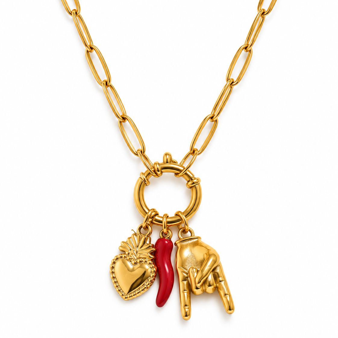 Fuego Heart Charm Kette – Gliederkette aus Edelstahl, vergoldet, mit Herz und rotem Chili-Charm