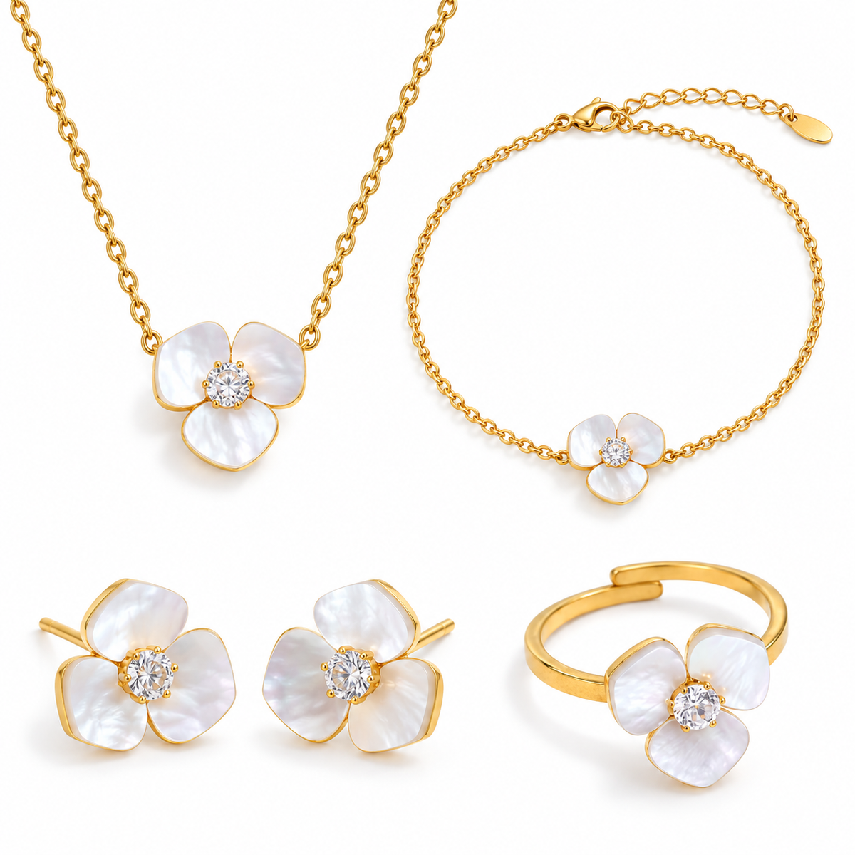 Marielle Bloom Set – Schmuckset aus Edelstahl, vergoldet, vier Teile mit Muschel-Blüten