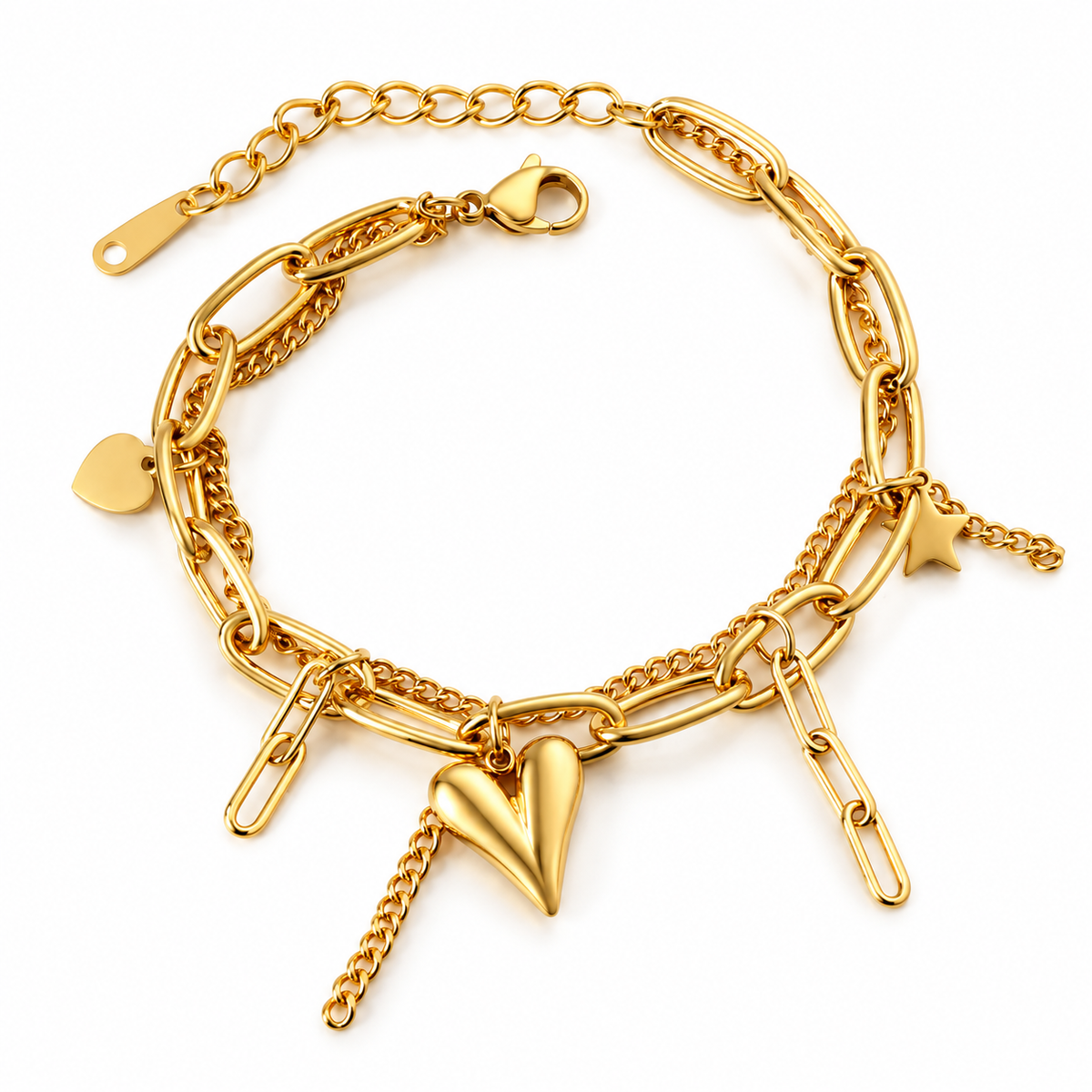 Raya Heart Charm Armband – Armband aus Edelstahl, vergoldet, Herz- und Stern-Charms