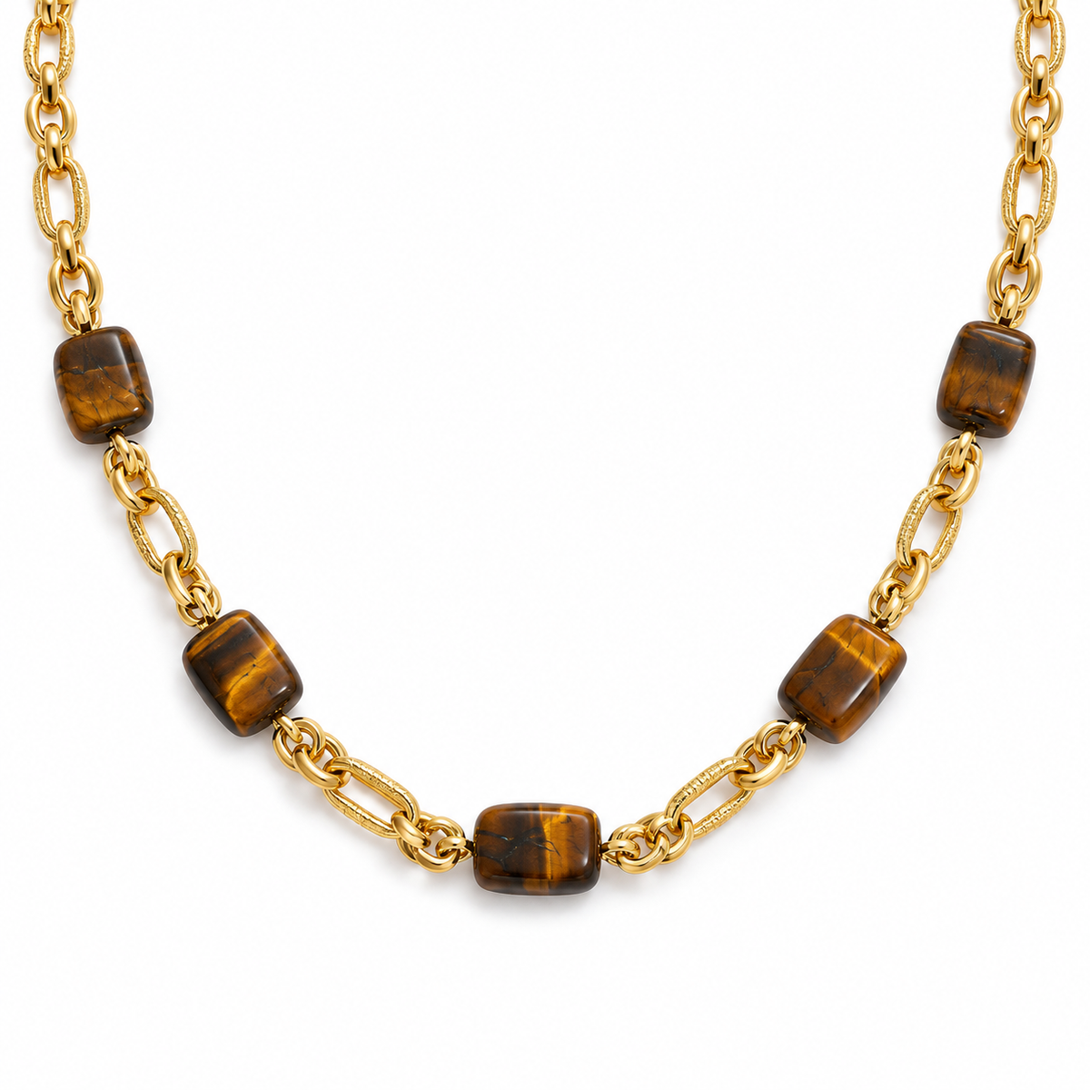 Sahara Tiger Link Kette – Gliederkette aus Edelstahl, vergoldet, rechteckige Tigerauge-Steine