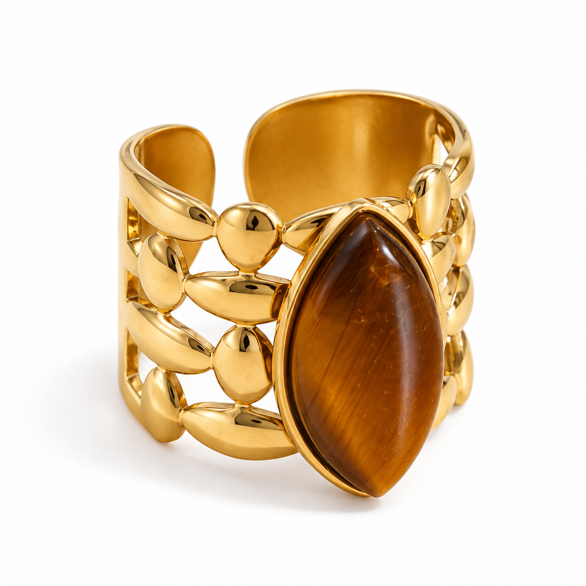 Sahara Tiger Ring – offener Ring aus Edelstahl, vergoldet, Tigerauge in Tropfenform
