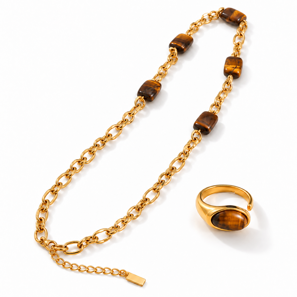 Sahara Tiger Set – Schmuckset aus Edelstahl, vergoldet, Tigerauge-Kette und Naturstein-Ring