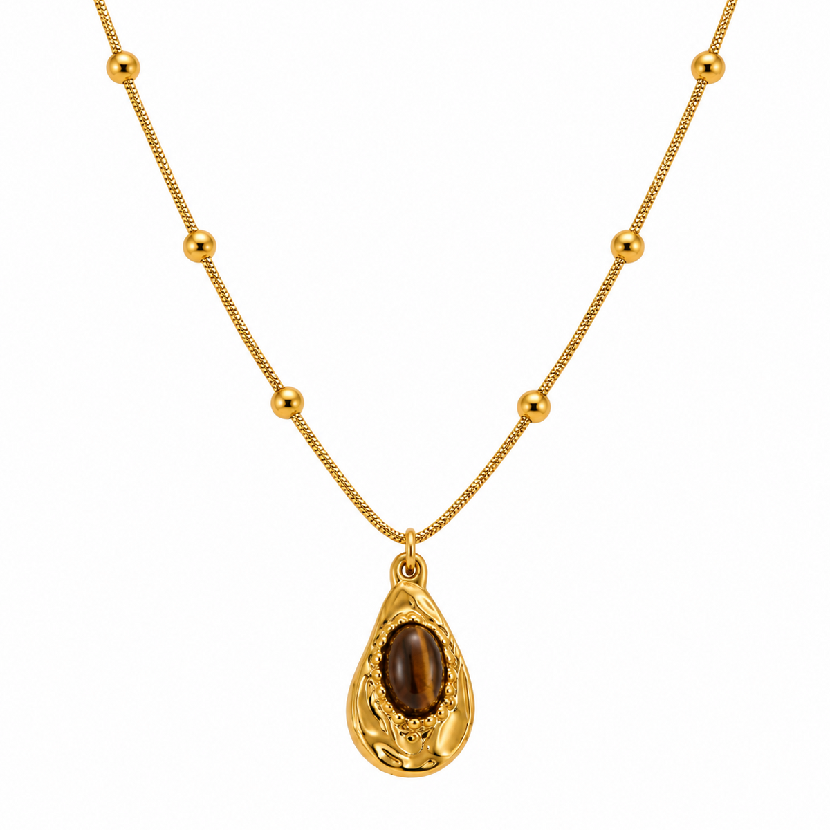 Sahara Tiger Stone Kette – Kette mit Anhänger aus Edelstahl, vergoldet, brauner Tigerstein
