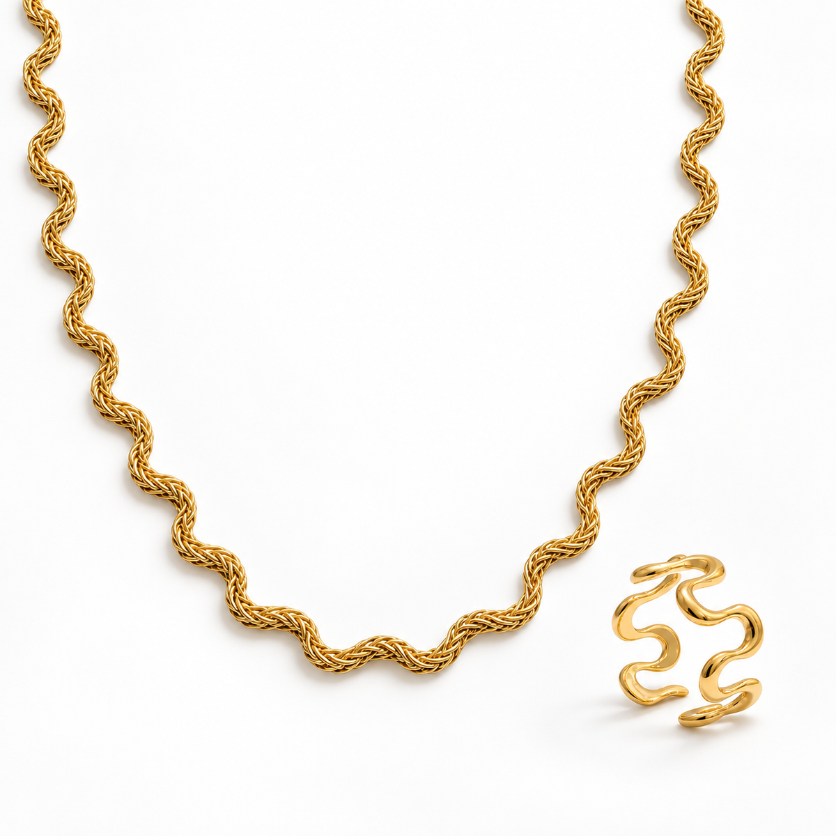 Selira Mireva Set – Schmuckset aus Edelstahl, vergoldet, gedrehte Kette und Wave Ring