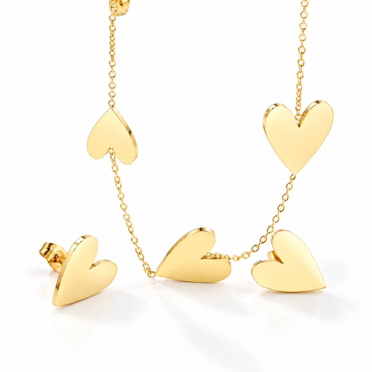 Vera Heartline Set – Kette und Ohrstecker aus Edelstahl, vergoldet, drei Herzen an der Kette