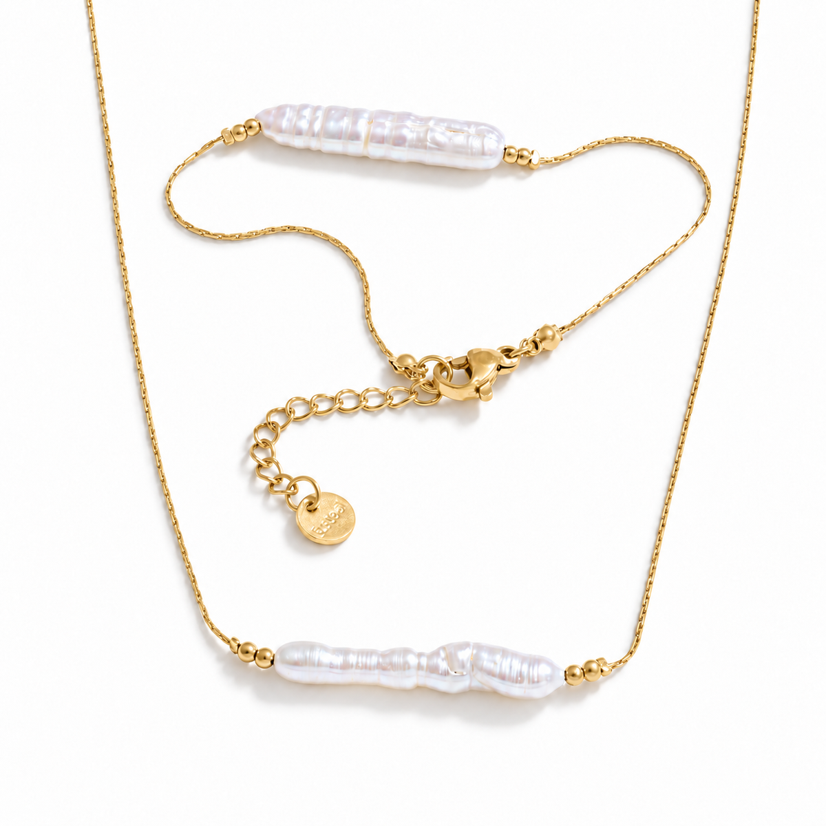 Evia Pearl Set – Kette und Armband aus Edelstahl, vergoldet, längliche Naturperle