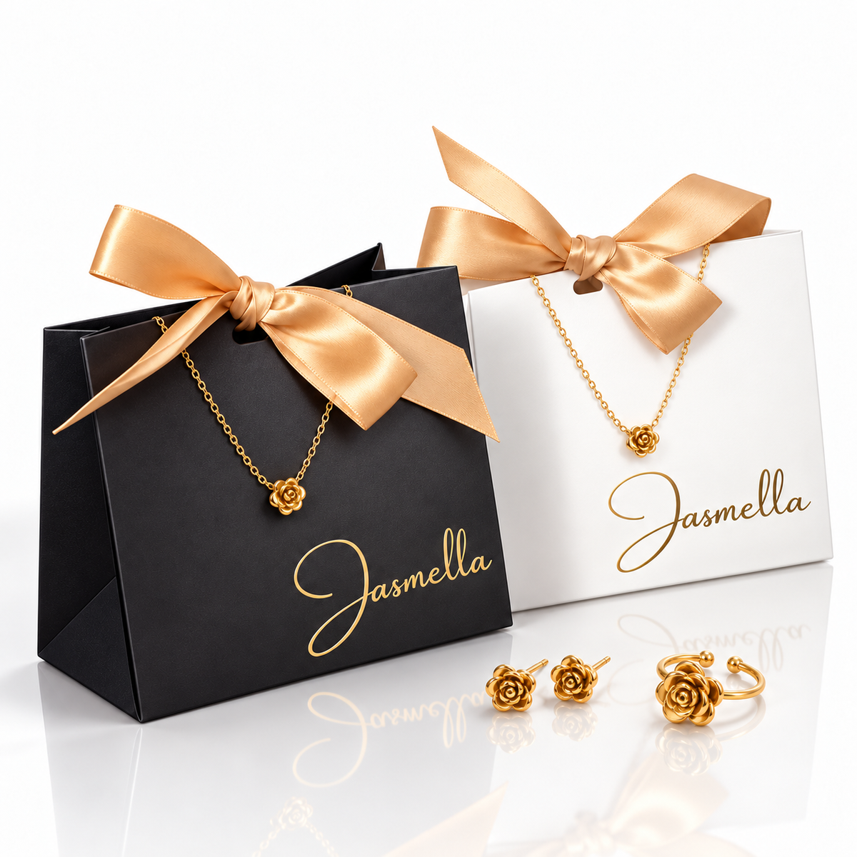 Rosalie Bloom Set – Schmuckset aus Edelstahl, vergoldet, mit Rosenmotiv – Ansicht 3