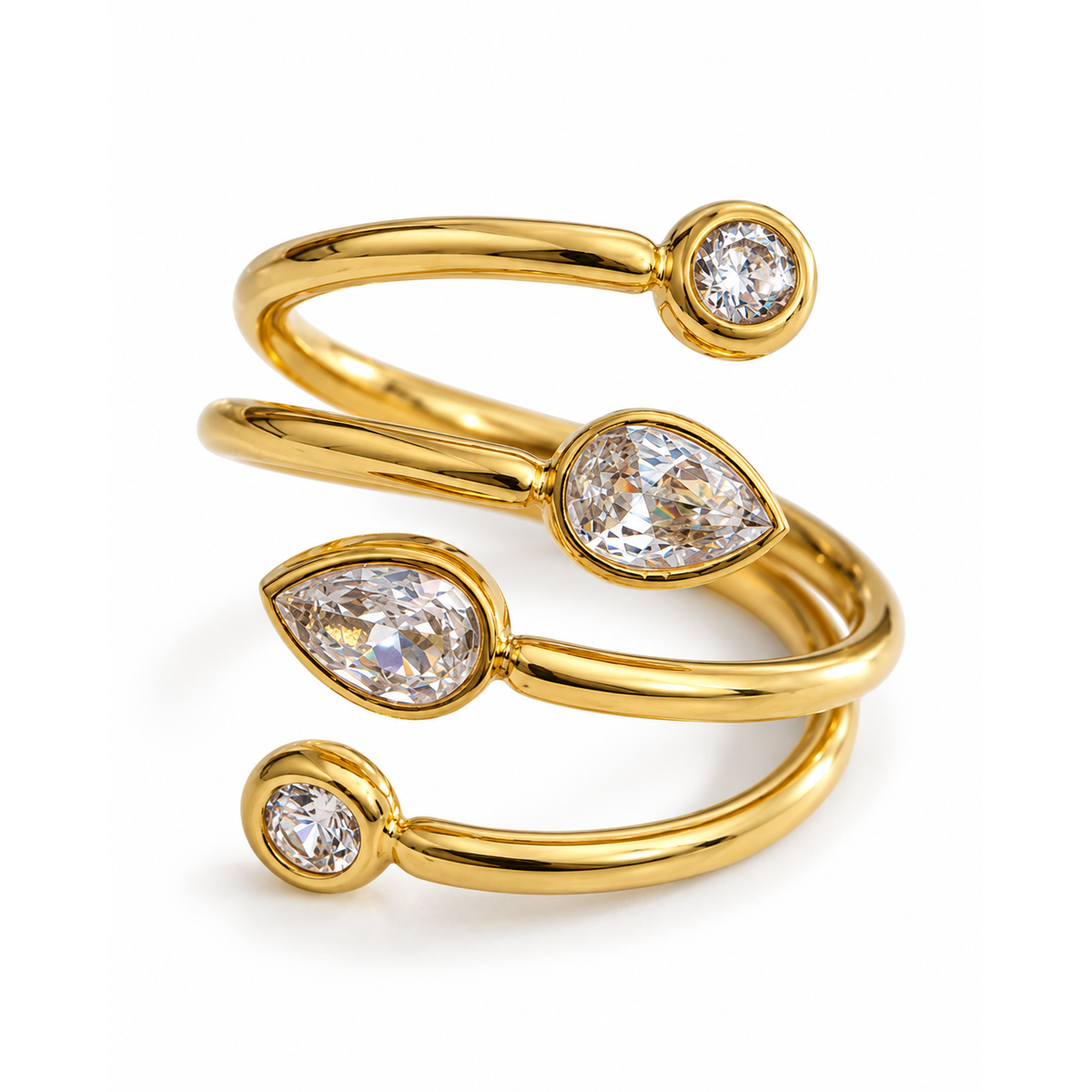 Alisa Twin Flow Ring – offener Ring aus Edelstahl, vergoldet, runde und tropfenförmige Zirkonia