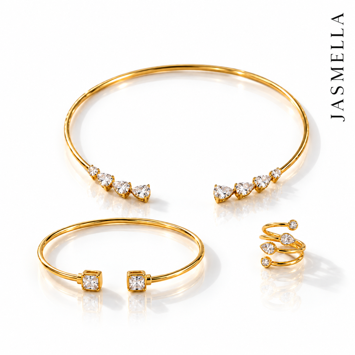 Alisa Twin Set – Schmuckset aus Edelstahl, vergoldet, Halsreif, Armreif und Ring mit Zirkonia – Ansicht 3