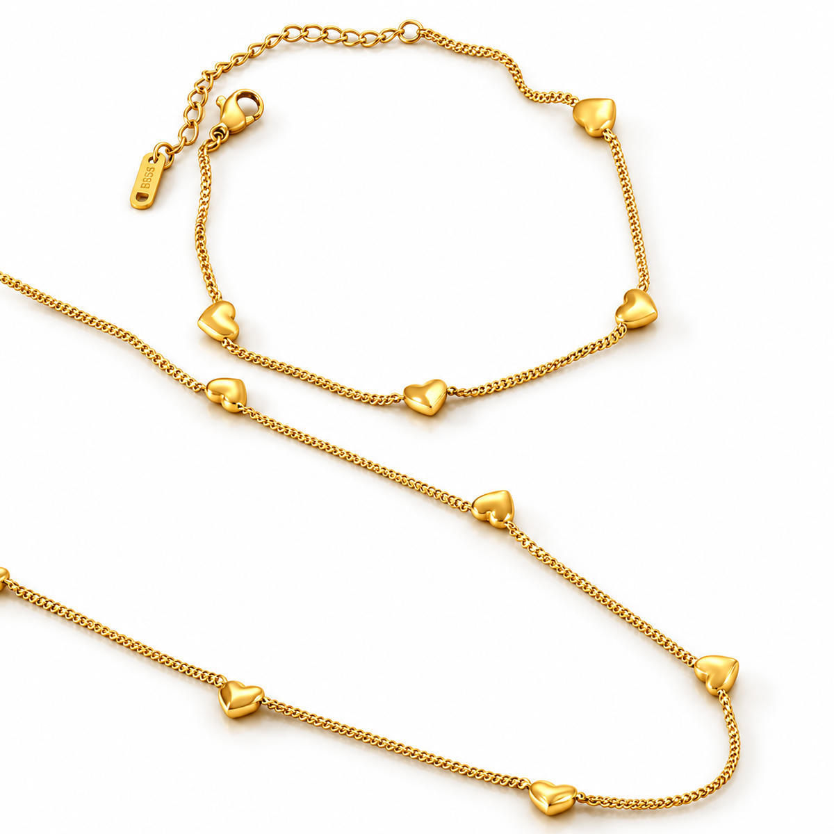 Amora Herz Set – Kette und Armband aus Edelstahl, vergoldet, viele kleine Herzen