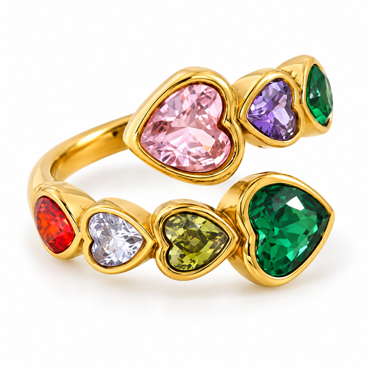 Amora Rainbow Heart Ring – Ring aus Edelstahl, vergoldet, mit bunten herzförmigen Zirkonia