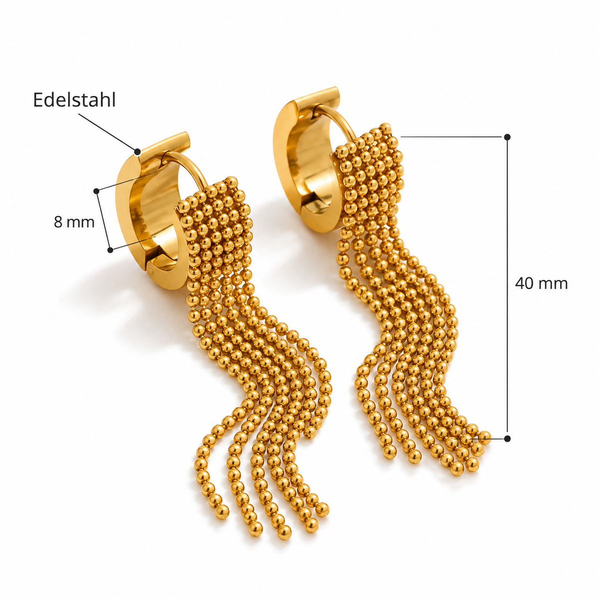 Aurelia Tassel Ohrringe – Creolen aus Edelstahl, vergoldet, mit Quasten aus Kugelketten – Ansicht 3
