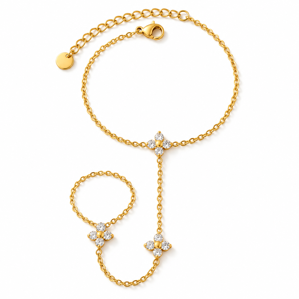 Elowen Crystal Hand Chain – Handkette aus Edelstahl, vergoldet, Ring und Zirkonia-Motiv