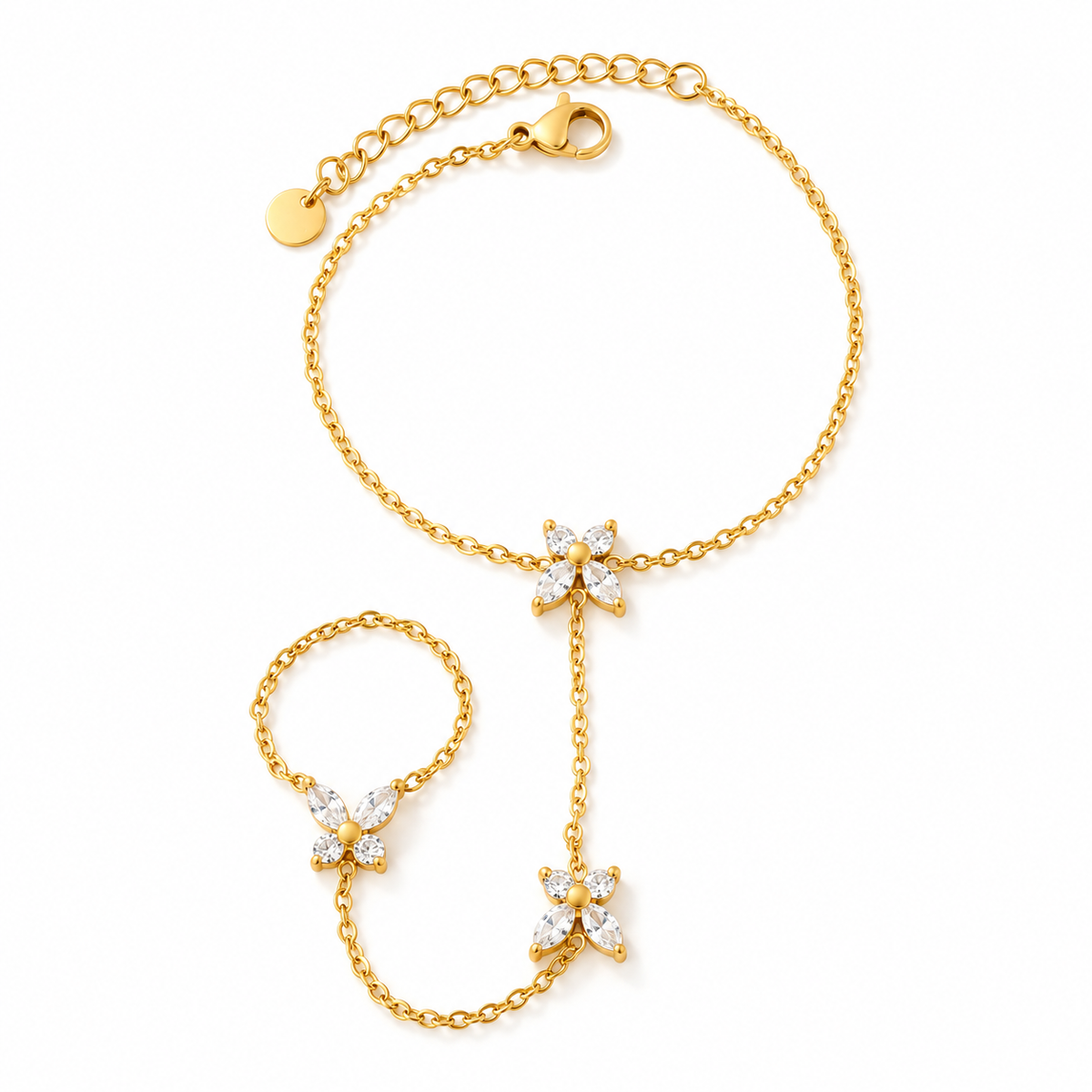 Elowen Crystal Hand Chain – Handkette aus Edelstahl, vergoldet, Ring und Zirkonia-Motiv – Ansicht 2