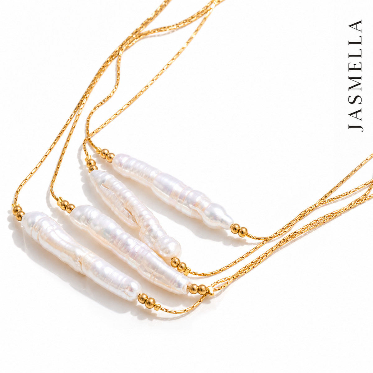 Evia Pearl Set – Kette und Armband aus Edelstahl, vergoldet, längliche Naturperle – Ansicht 5