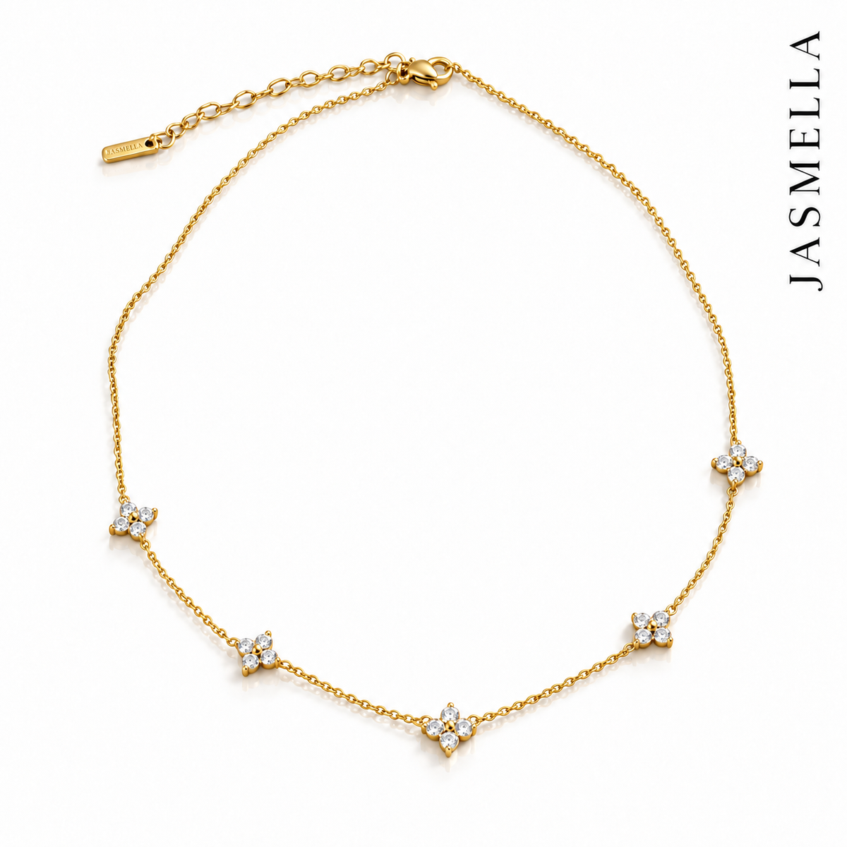 Flora Bloom Kette – Halskette aus Edelstahl, vergoldet, kleine Blüten aus Zirkonia – Ansicht 4