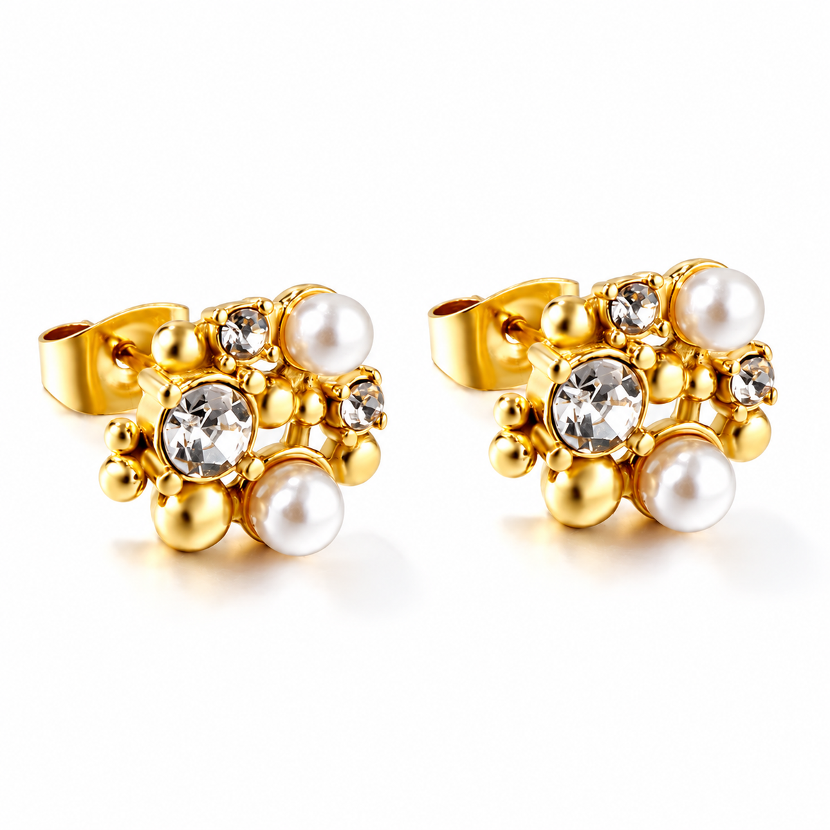 Golden Pearl Ohrringe – Ohrstecker aus Edelstahl, vergoldet, Cluster aus Perlen und Kristallen