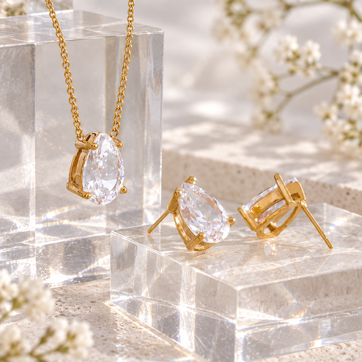 Livia Drop Set – Kette und Ohrstecker auf transparenten Glasblöcken