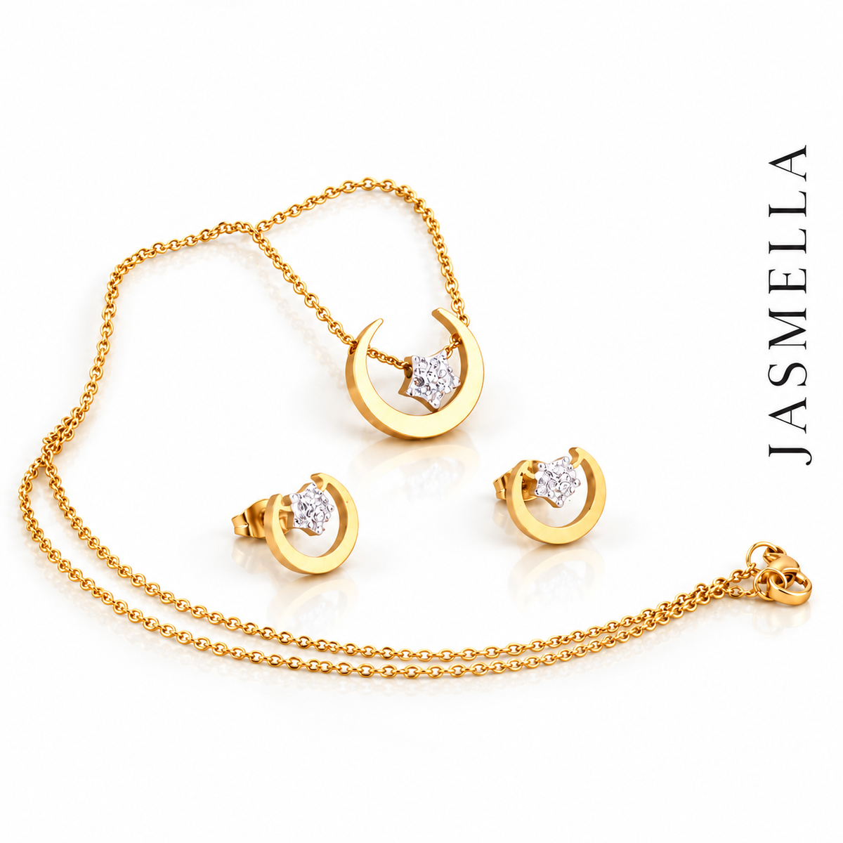 Luna Stella Set – Kette und Ohrstecker aus Edelstahl, vergoldet, Halbmond mit Stern – Ansicht 3