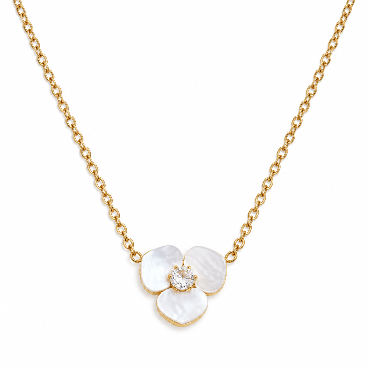 Marielle Bloom Halskette – Kette mit Anhänger aus Edelstahl, vergoldet, Muschel-Blüte mit Zirkonia