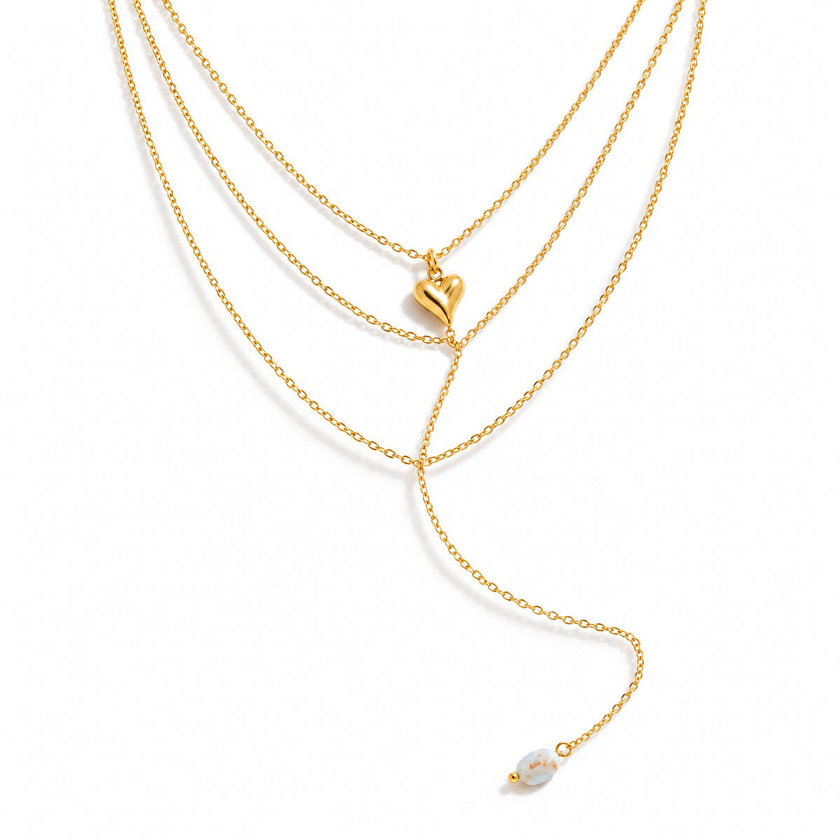 Mira Lariat Kette – Lariat-Kette aus Edelstahl, vergoldet, kleines Herz und heller Naturstein