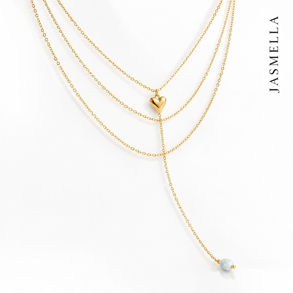 Mira Lariat Kette – Lariat-Kette aus Edelstahl, vergoldet, kleines Herz und heller Naturstein – Ansicht 3
