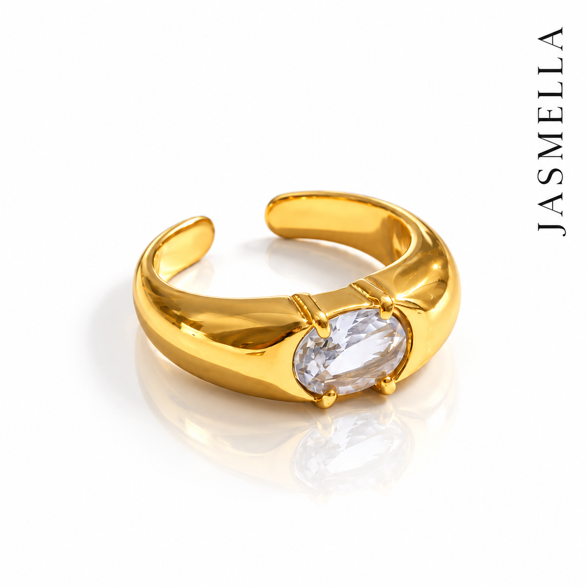 Nerina Glow Ring – offener Ring aus Edelstahl, vergoldet, ovaler klarer Zirkonia – Ansicht 3