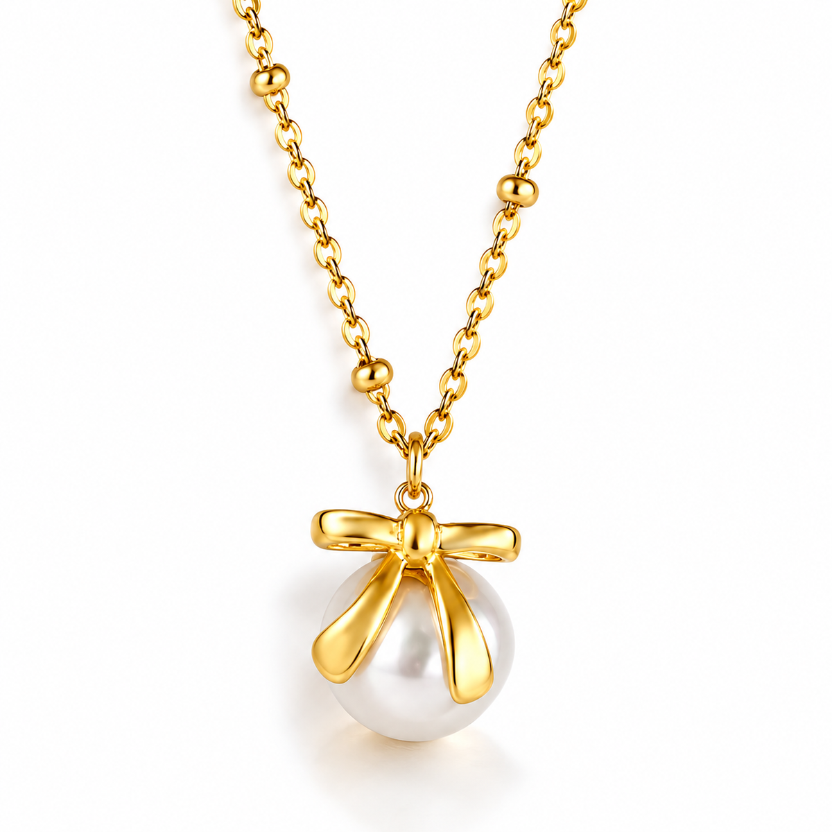 Pearl Bow Kette – Kette mit Anhänger aus Edelstahl, vergoldet, weiße Perle mit Schleife