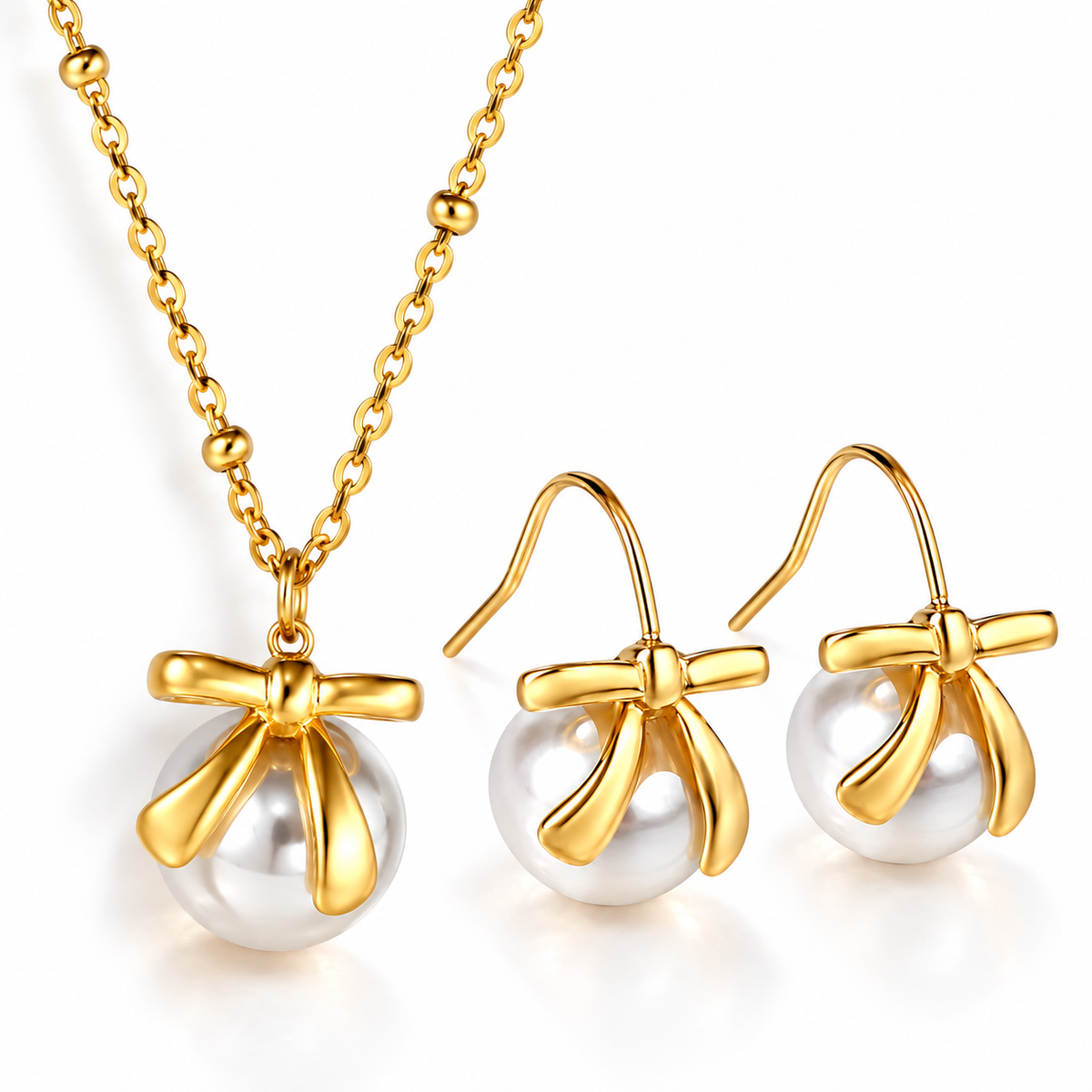 Pearl Bow Set – Kette und Ohrhänger aus Edelstahl, vergoldet, weiße Perle mit Schleife