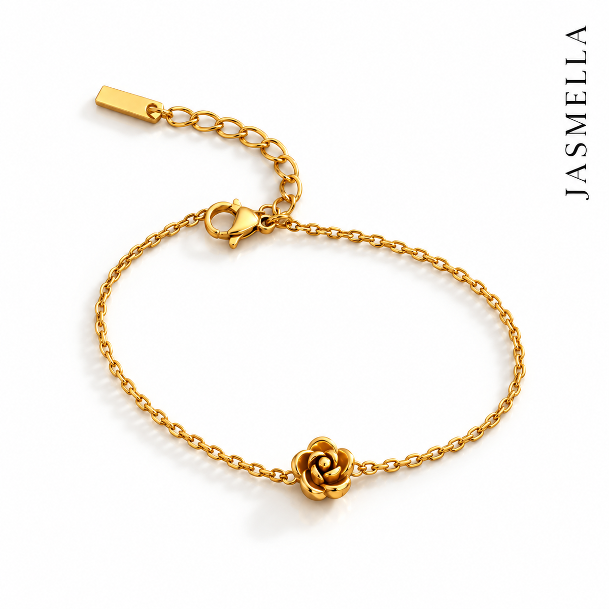 Rosalie Bloom Armband – Armband aus Edelstahl, vergoldet, kleiner plastischer Rosenanhänger – Ansicht 4