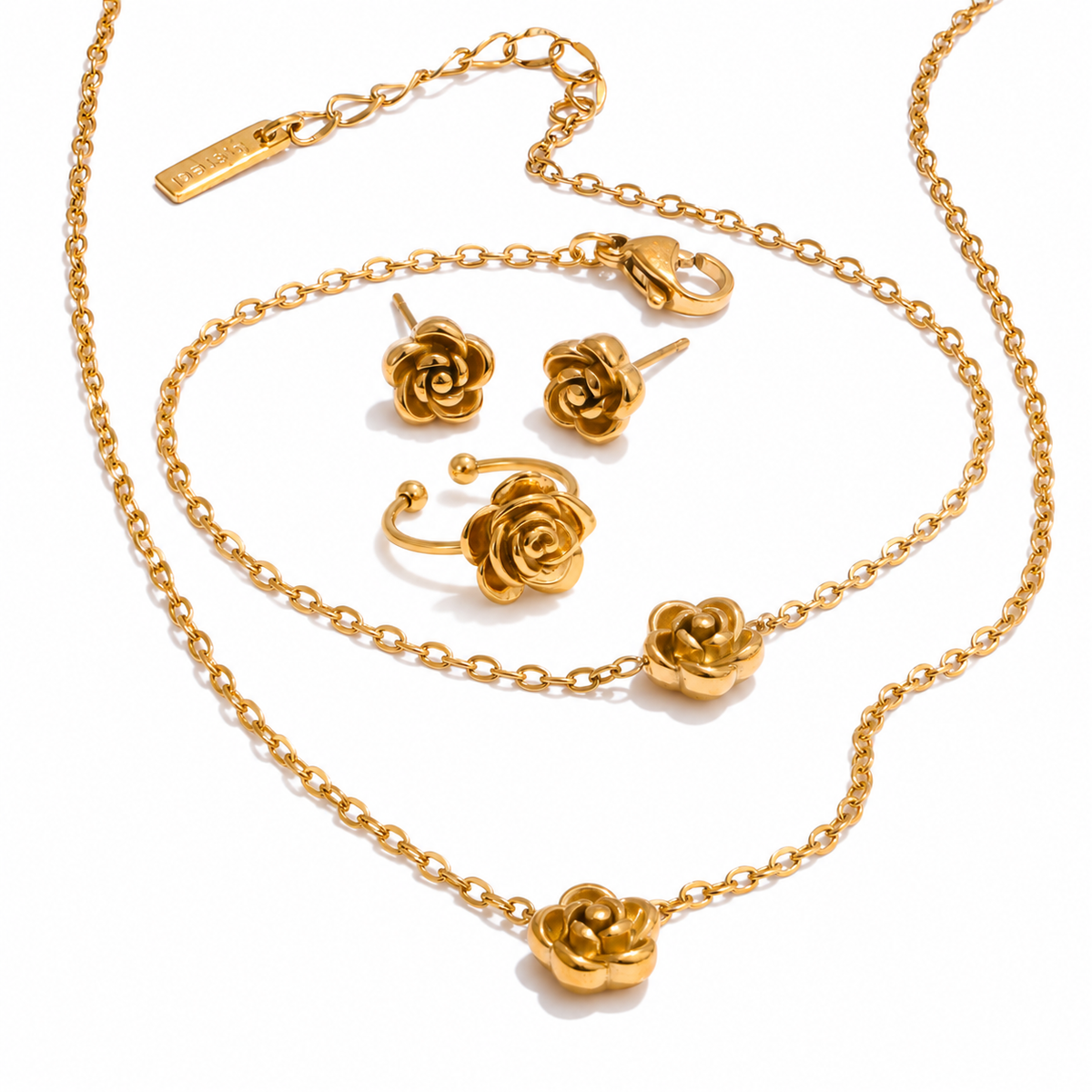 Rosalie Bloom Set – Schmuckset aus Edelstahl, vergoldet, Kette, Armband, Ohrstecker und Ring mit Rosenmotiv