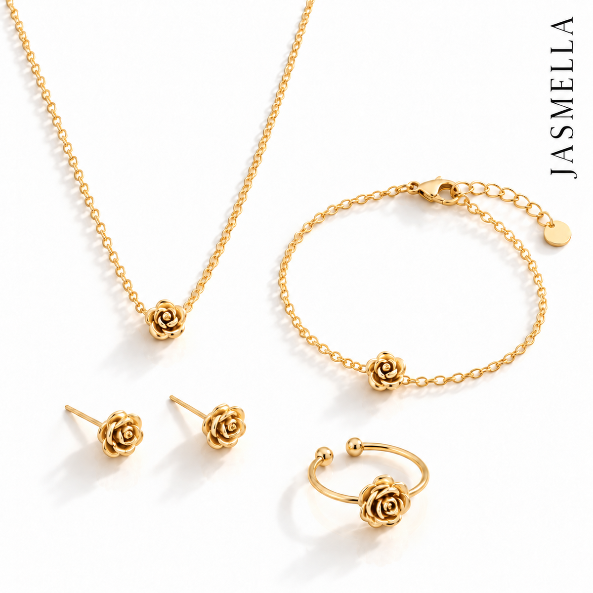 Rosalie Bloom Set – Schmuckset aus Edelstahl, vergoldet, mit Rosenmotiv – Ansicht 4
