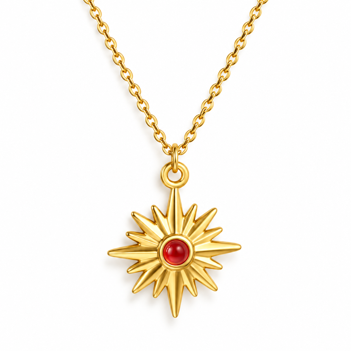 Ruby Sun Kette – Kette mit Anhänger aus Edelstahl, vergoldet, Sonne mit rotem Mittelpunkt
