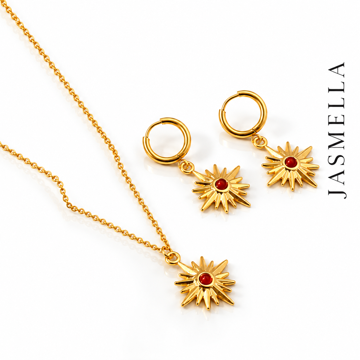 Ruby Sun Set – Kette und Creolen aus Edelstahl, vergoldet, Sonnenmotiv mit rotem Mittelpunkt – Ansicht 3