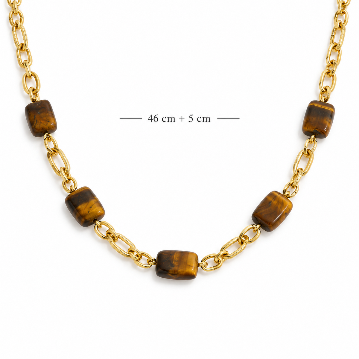 Sahara Tiger Link Kette – Gliederkette aus Edelstahl, vergoldet, rechteckige Tigerauge-Steine – Ansicht 2