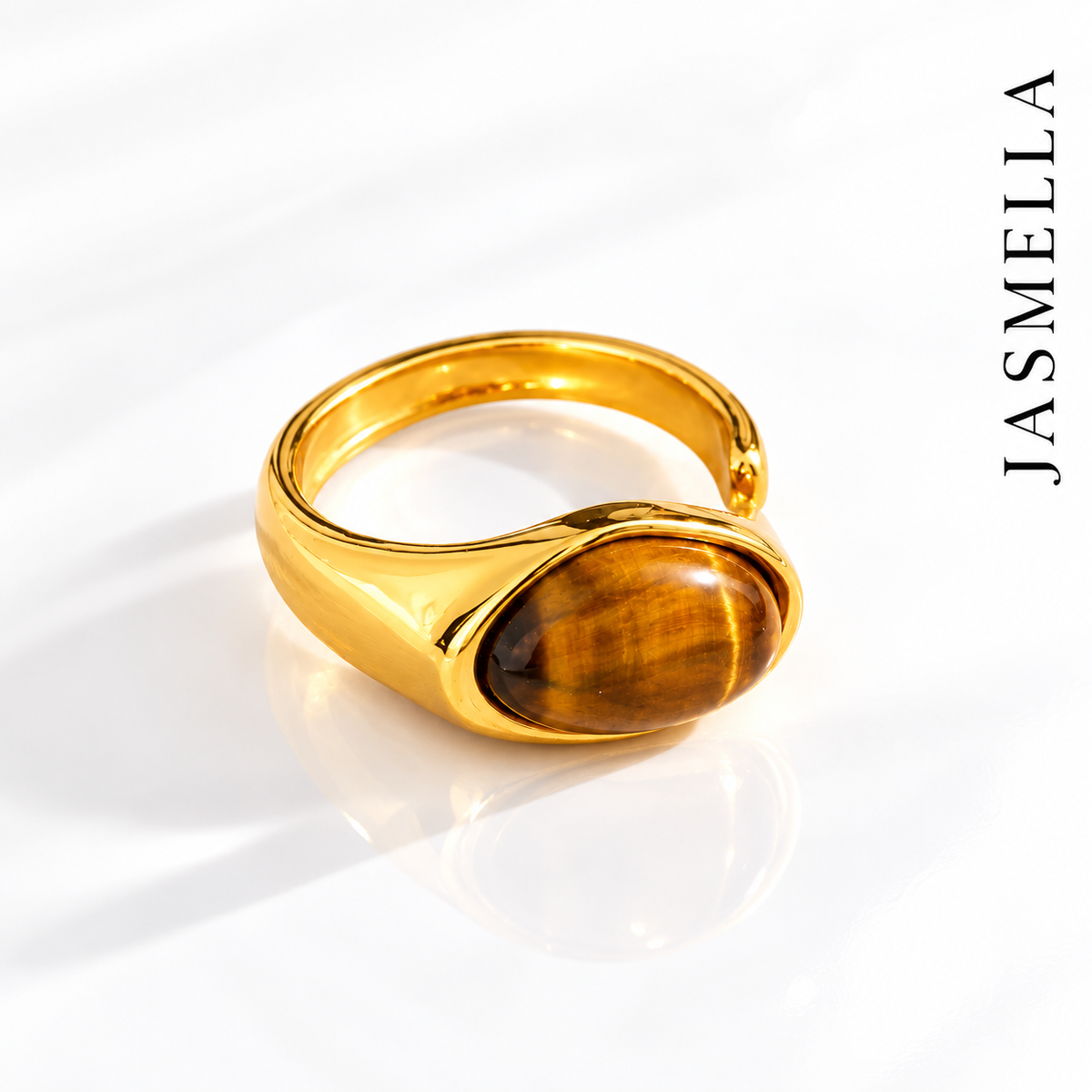 Sahara Tigerstone Ring – verstellbarer Ring aus Edelstahl, vergoldet, ovaler brauner Naturstein – Ansicht 3