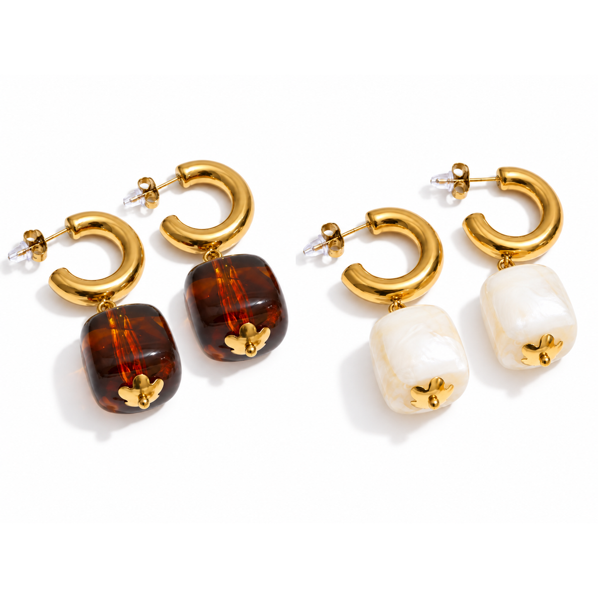 Savia Resin Hoops – Creolen aus Edelstahl, vergoldet, organischer Harz-Anhänger