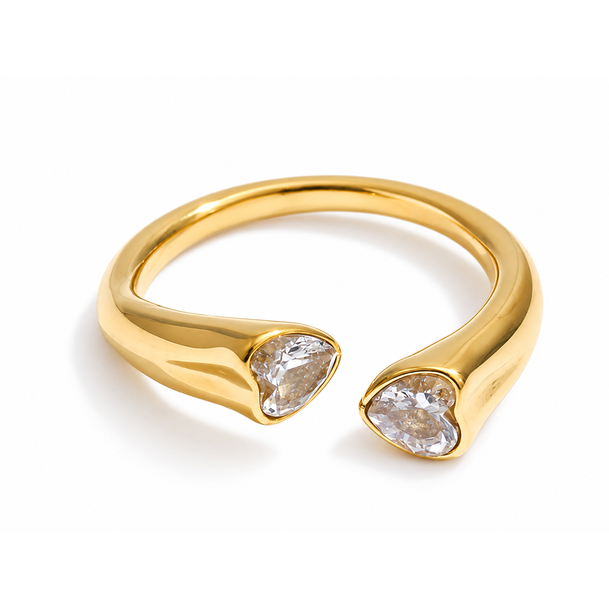 Siena Drop Ring – offener Ring aus Edelstahl, vergoldet, zwei klare Zirkonia-Tropfen