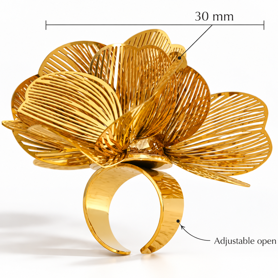 Solea Filigree Ring – Statement-Ring aus Edelstahl, vergoldet, filigrane offene Blüte – Ansicht 3
