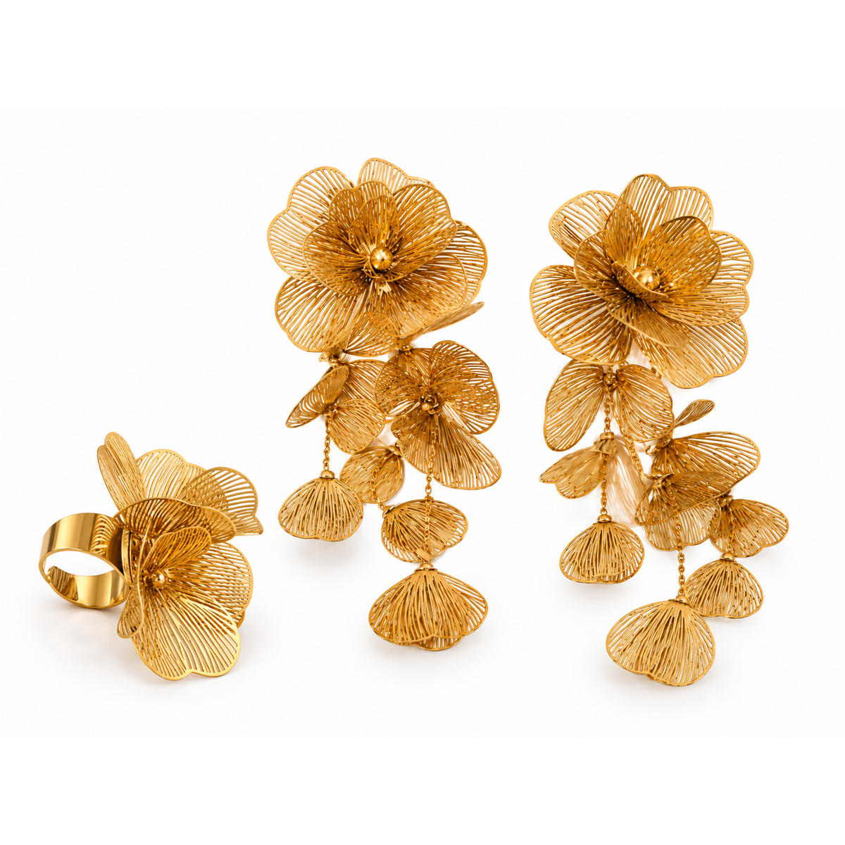 Solea Filigree Set – Schmuckset aus Edelstahl, vergoldet, Blütenring und lange Ohrringe
