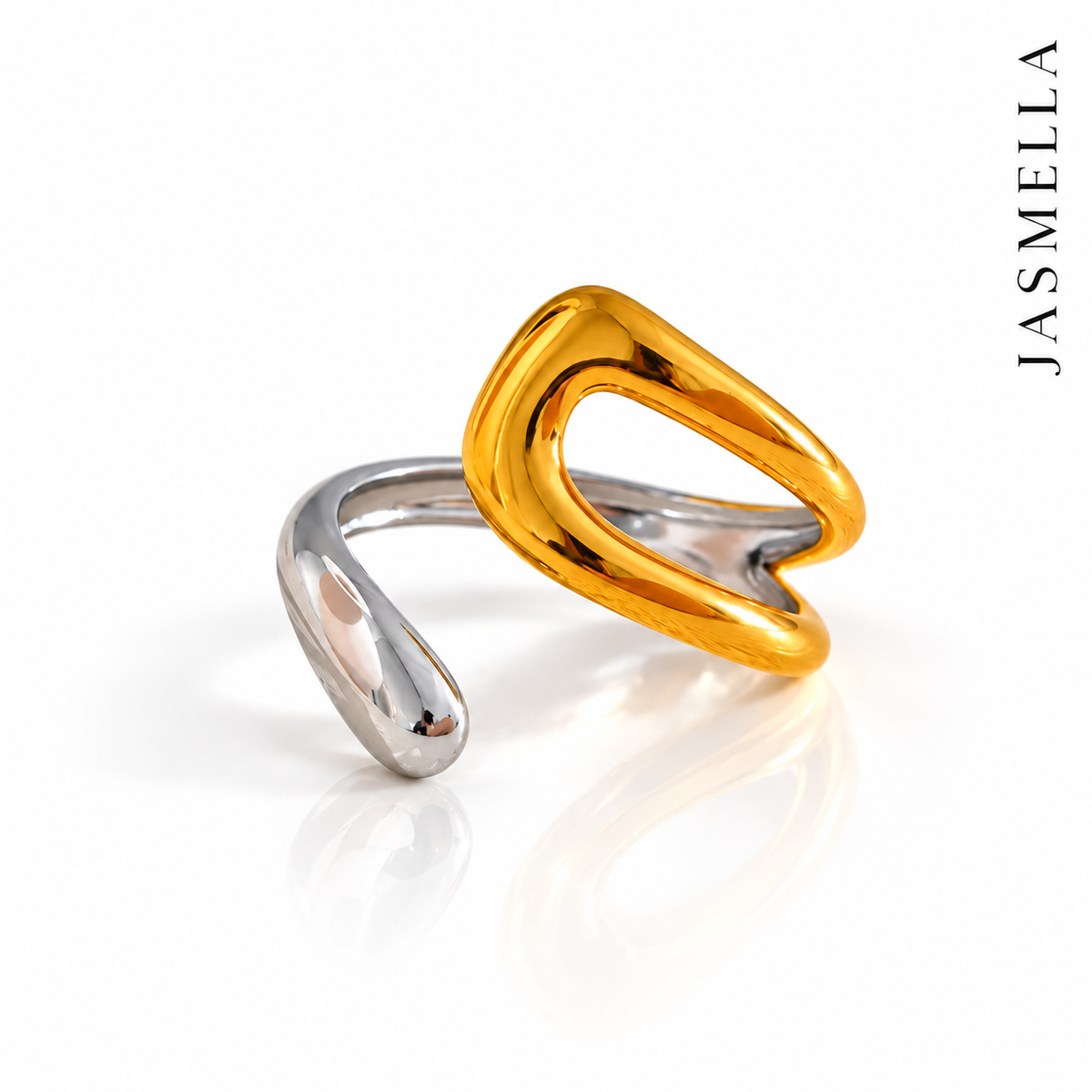 Sora Duo Wave Ring – Ring aus Edelstahl, vergoldet, zweifarbige offene Wellenform – Ansicht 3