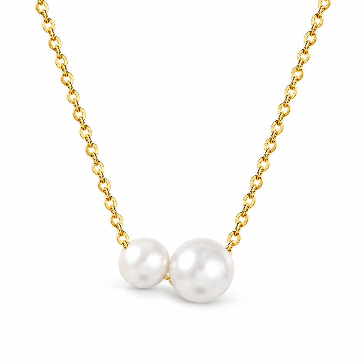 Twin Pearl Kette – Kette mit Anhänger aus Edelstahl, vergoldet, zwei unterschiedlich große Perlen
