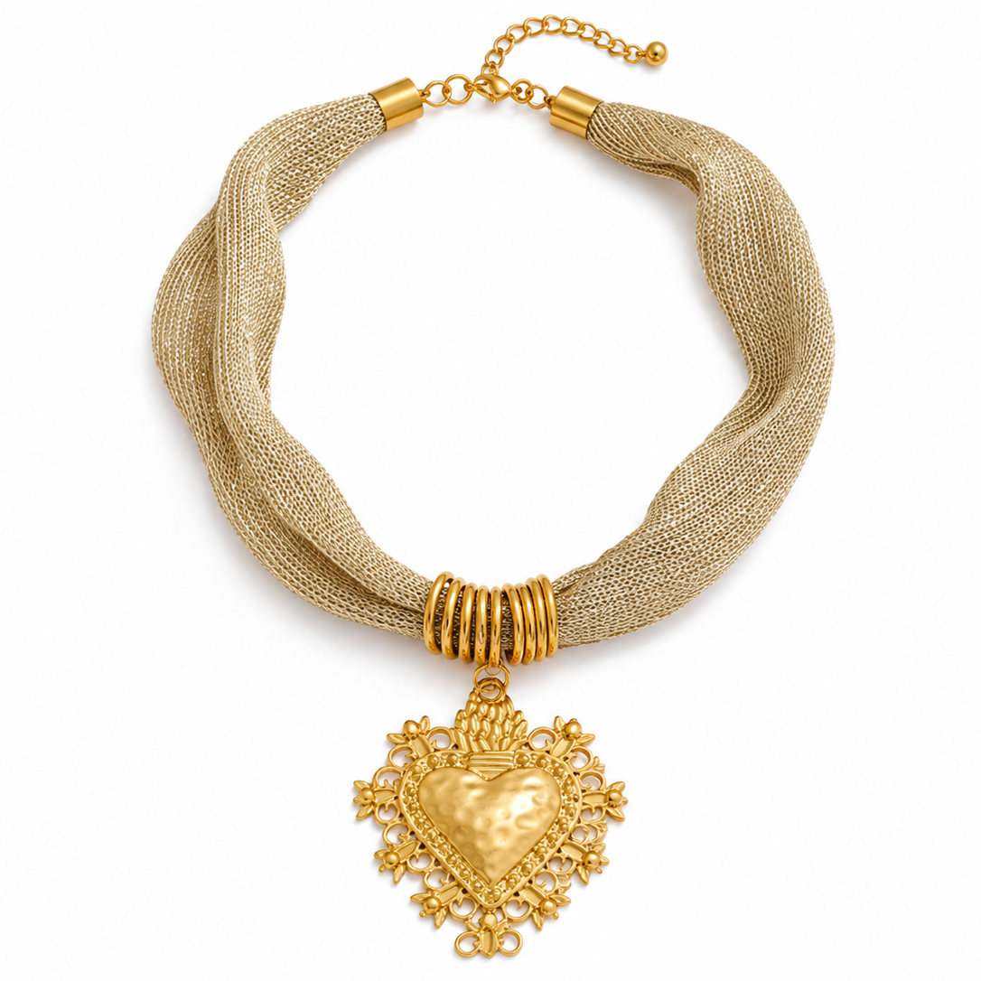 Valeria Heart Kette – mehrreihige Herzkette aus Edelstahl, vergoldet, großer Herzanhänger