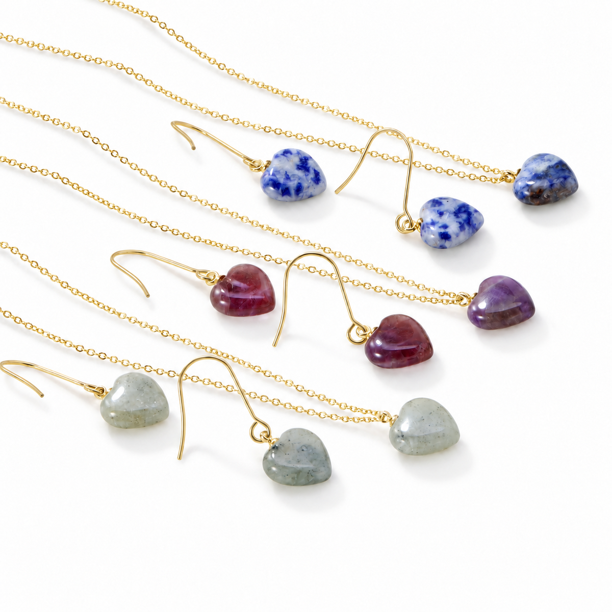 Velina Stone Heart Set – Kette und Ohrringe aus Edelstahl, vergoldet, Naturstein-Herzen